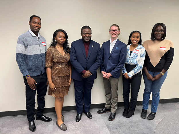 UGA SEMAU Delegation team leaders (Nwaise, Phillips and Teshome) with Ambassador Kanyama and the two UGA Graduate Advisors (Nichesius and Fawe)